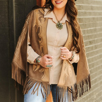 Sugar & Lace Womens Studded Embroidered Fringe Cape