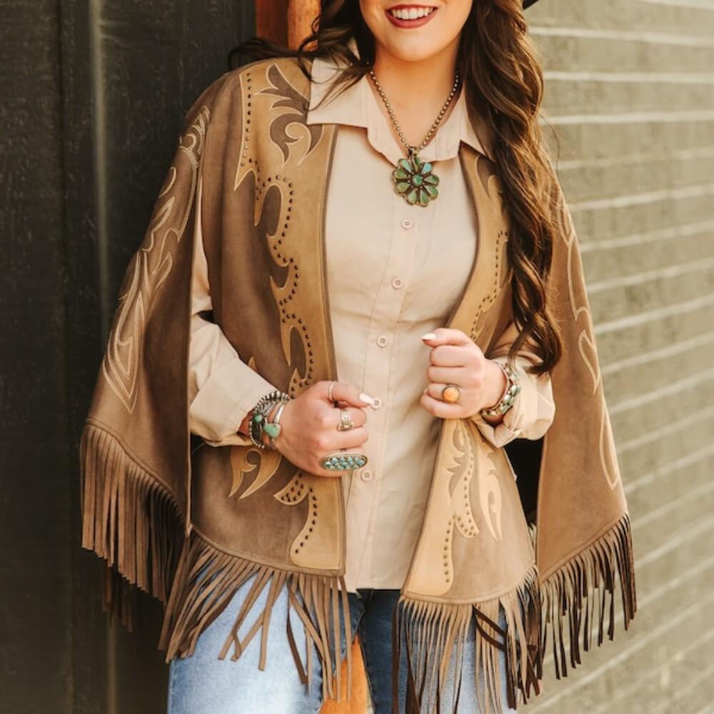 Sugar & Lace Womens Studded Embroidered Fringe Cape - SLJO298-BRW