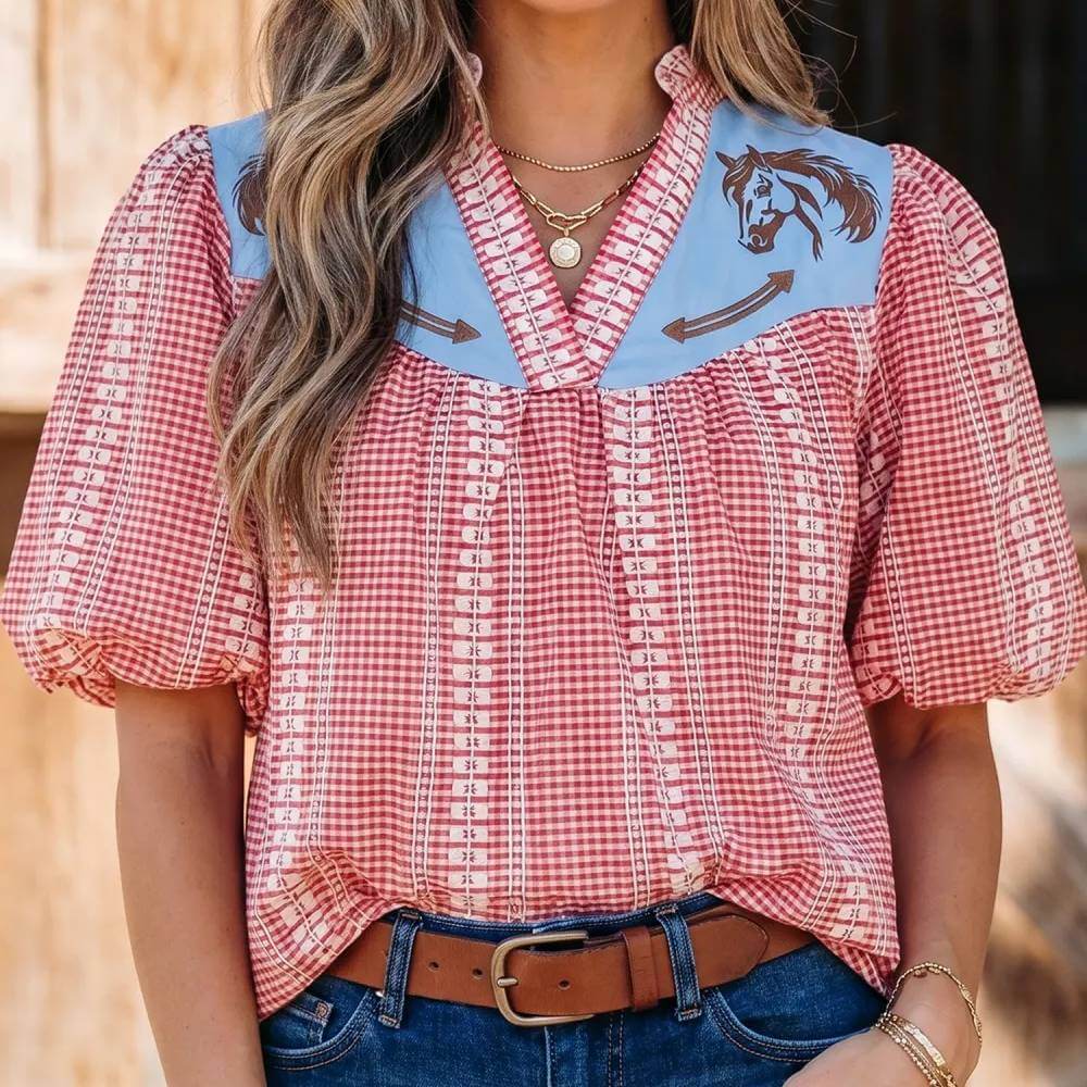 Sugar & Lace Womens Western Gingham Blouse Red - SL25136729-P322