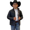 Child wearing a black puffer jacket, white shirt, jeans, and cowboy hat on a white background
