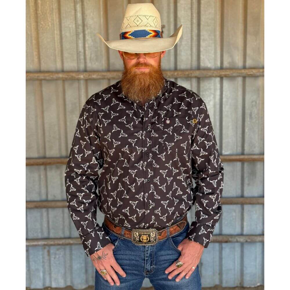 Tempco Mens El Vikingo Button Down Long Sleeve Shirt Black Bull Print - TMVKBTLS-413