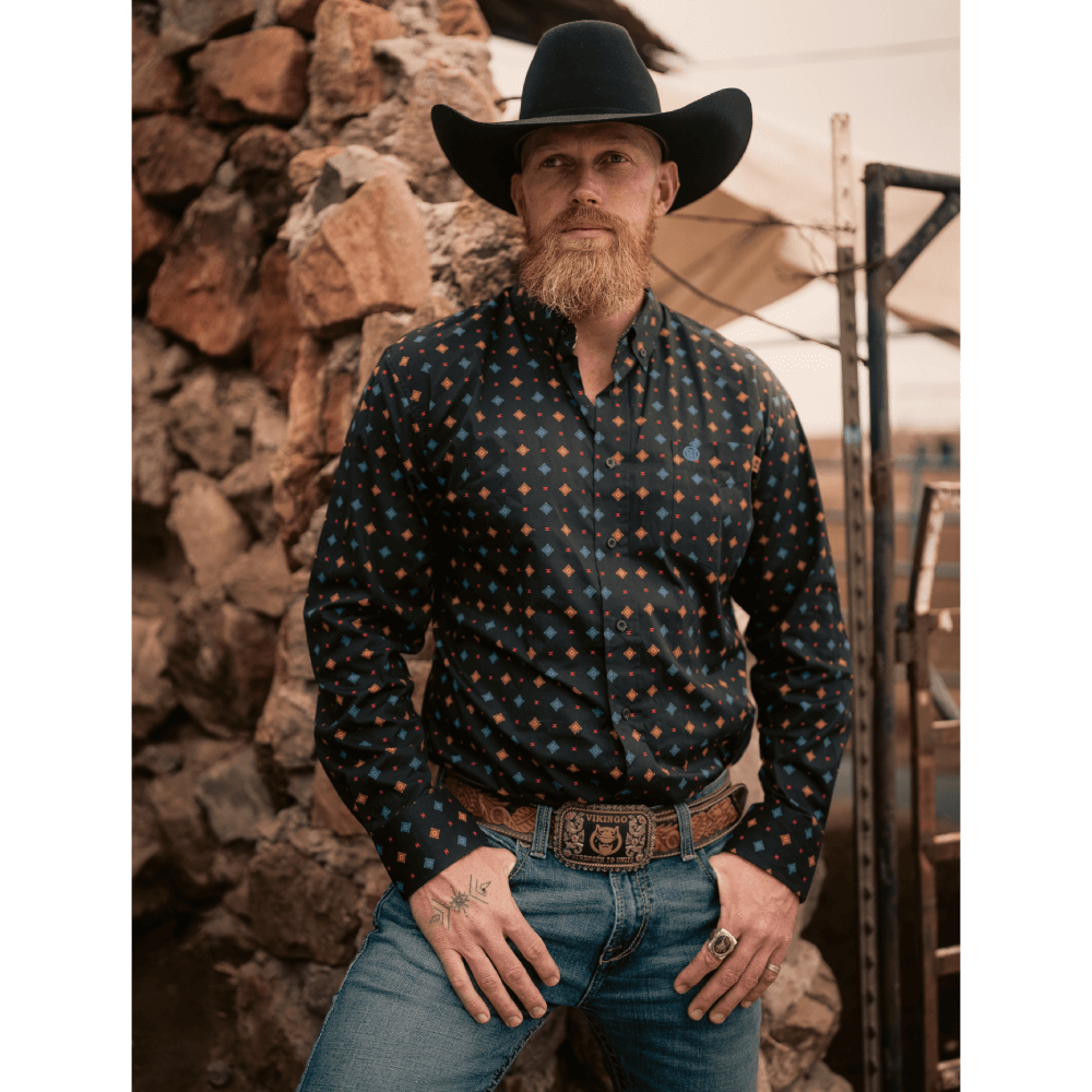 Tempco Mens Vikingo Button Down Long Sleeve Shirt Black Geo - TMVKBTLS-370