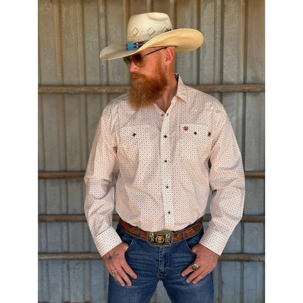 Tempco Mens El Vikingo Square Snap Long Sleeve Shirt Cream/Brown - TMVKSNLS-415