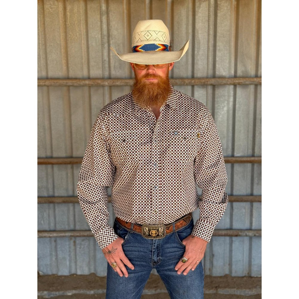 Tempco Mens El Vikingo Square Snap Long Sleeve Shirt White Brown - TMVKSNLS-418
