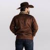 A man shown from the back wearing a brown suede western-style jacket with a light brown fur collar, a brown cowboy hat, and dark blue jeans, against a plain light gray background.