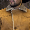 Close-up of a person wearing a brown suede coat with fur lining.