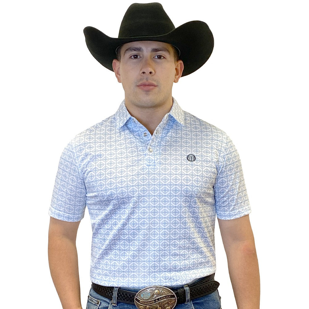 Tempco Mens Printed Short Sleeve Polo Shirt White & Blue - TMPRTPSS2448