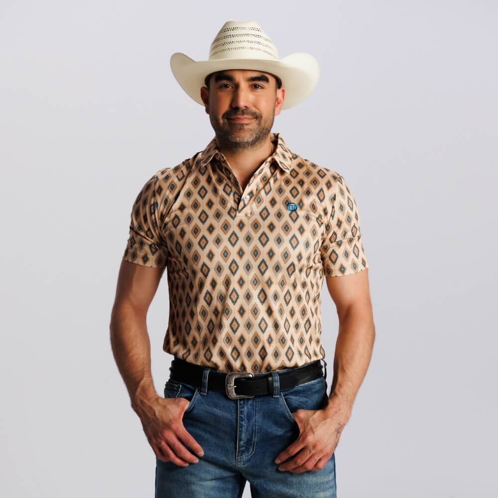 Tempco Mens Printed Short Sleeve Snap Polo Shirt Beige/Navy - TMPRTPSS2247