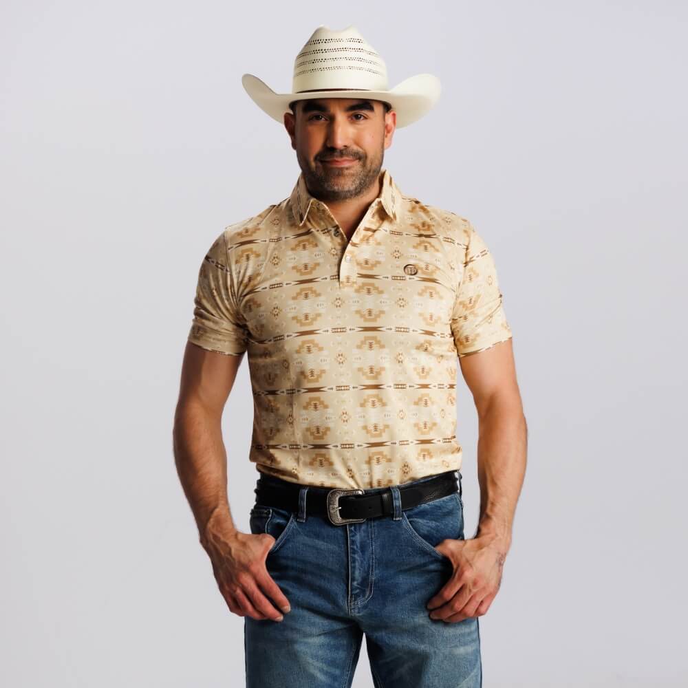 Tempco Mens Printed Short Sleeve Snap Polo Shirt Beige - TMPRTPSS2390