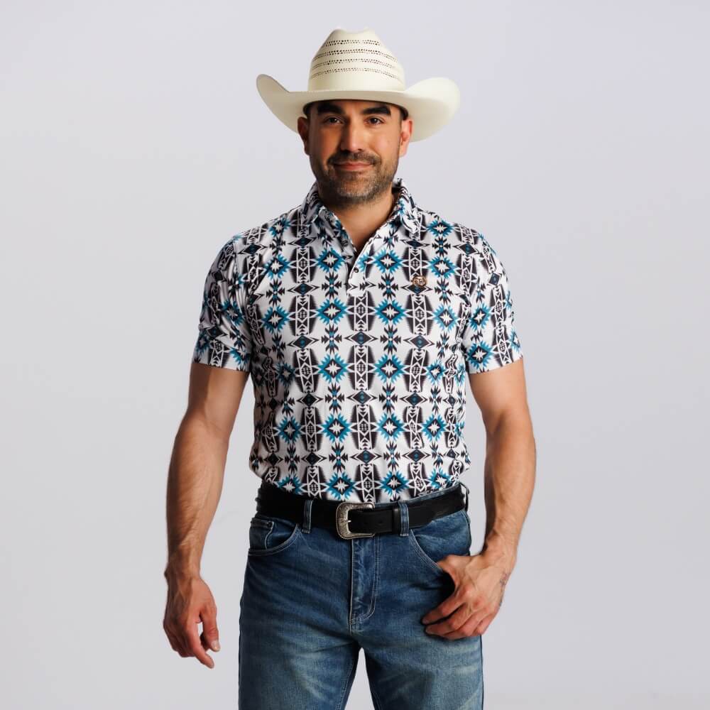 Tempco Mens Printed Short Sleeve Snap Polo Shirt White/Multicolor - TMPRTPSS2393