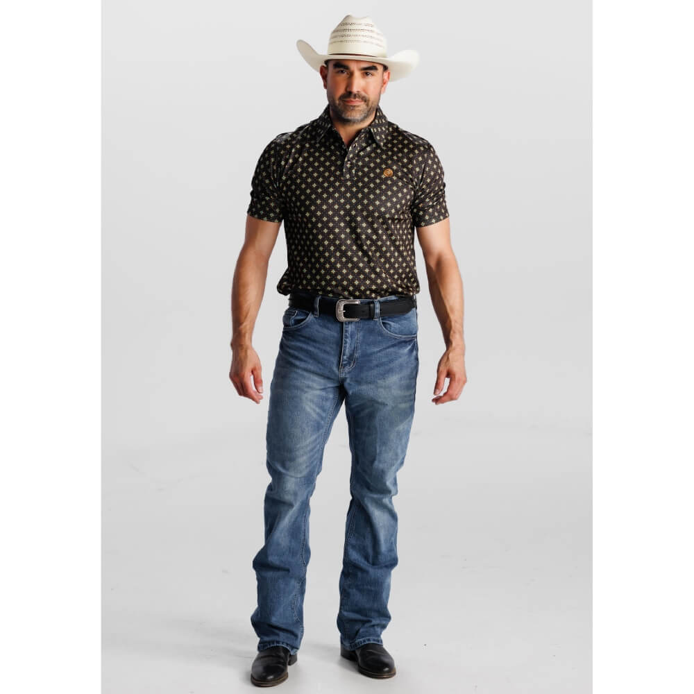 Tempco Mens Printed Western Short Sleeve Snap Polo Shirt Black/Yellow - TMPRTPSS3501