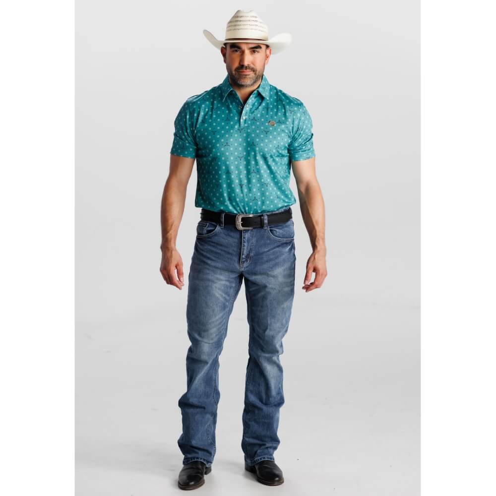 Tempco Mens Printed Western Short Sleeve Snap Polo Shirt Brown/Turquoise - TMPRTPSS3575