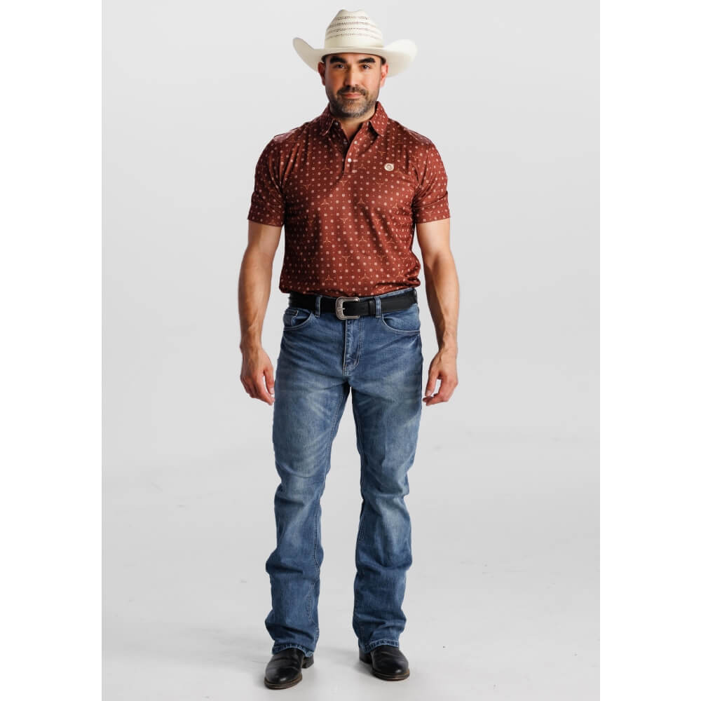 Tempco Mens Printed Western Short Sleeve Snap Polo Shirt Brown/Turquoise - TMPRTPSS3575