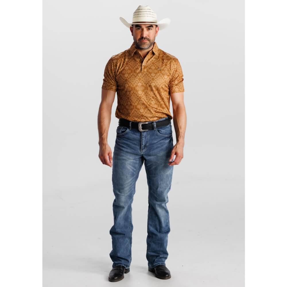 Tempco Mens Printed Western Short Sleeve Snap Polo Shirt Caramel - TMPRTPSS3588