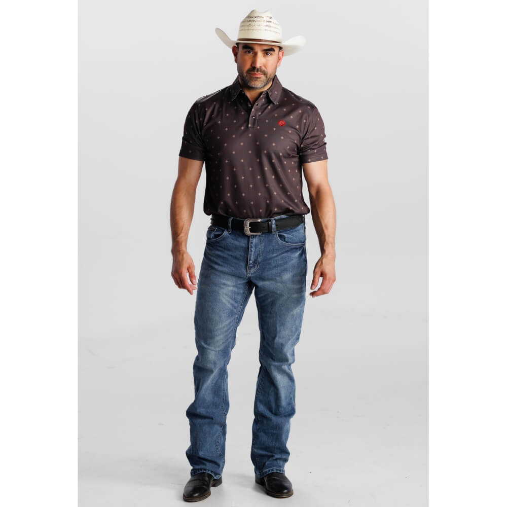 Tempco Mens Printed Western Short Sleeve Snap Polo Shirt Dark Brown - TMPRTPSS3500