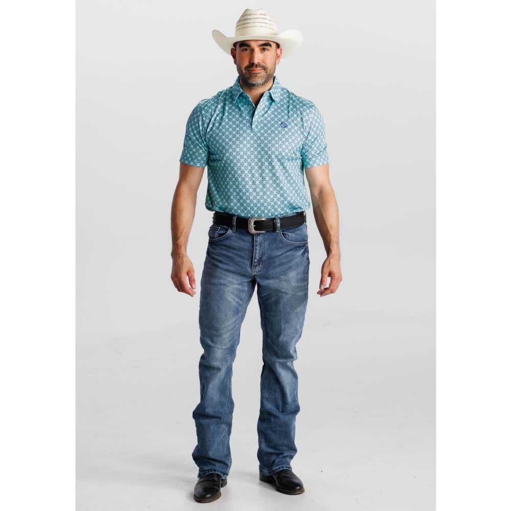 Tempco Mens Printed Western Short Sleeve Snap Polo Shirt Mint/Blue - TMPRTPSS3890