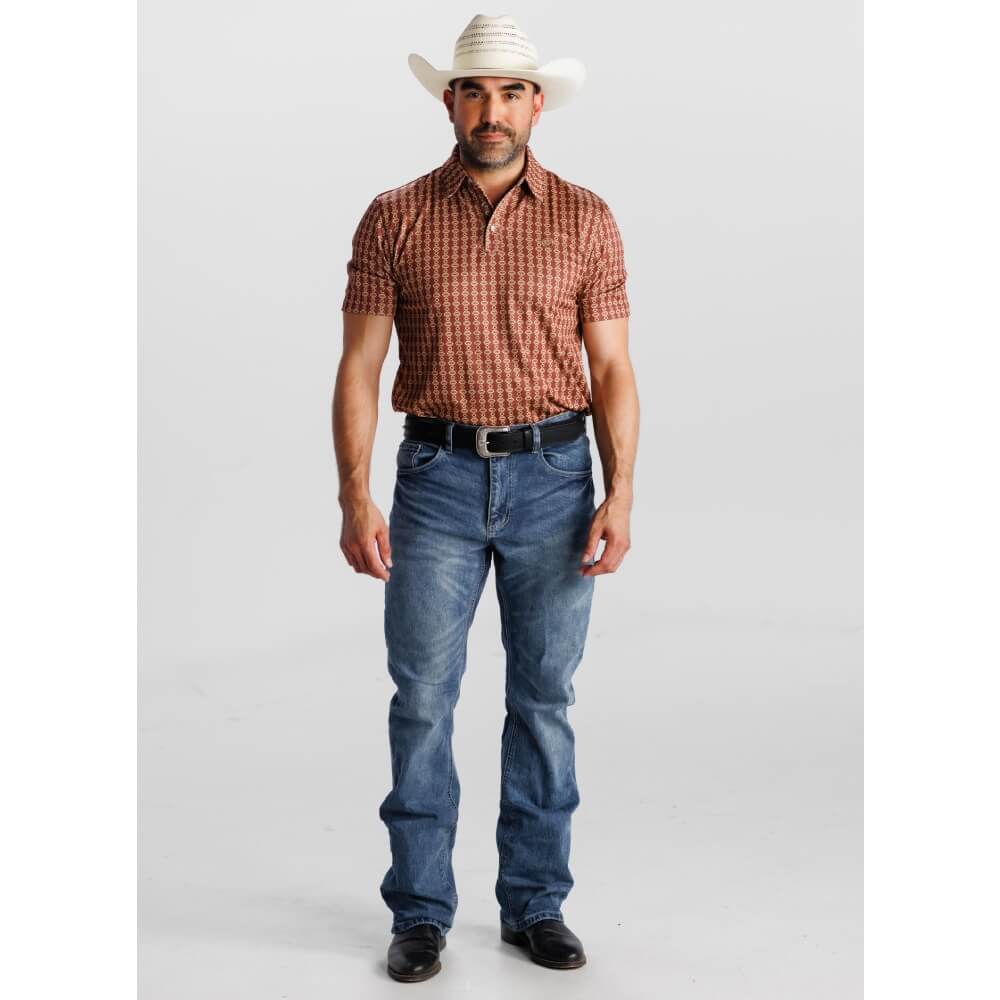 Tempco Mens Printed Western Short Sleeve Snap Polo Shirt Rust/Tan - TMPRTPSS3593