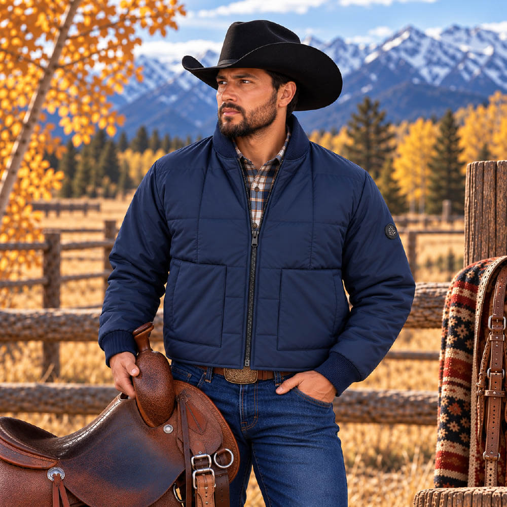 A man wearing a navy blue quilted zip-up jacket, blue jeans, and a black cowboy hat stands outdoors in a rural landscape with mountains, autumn trees, and a wooden fence, holding a brown leather saddle.