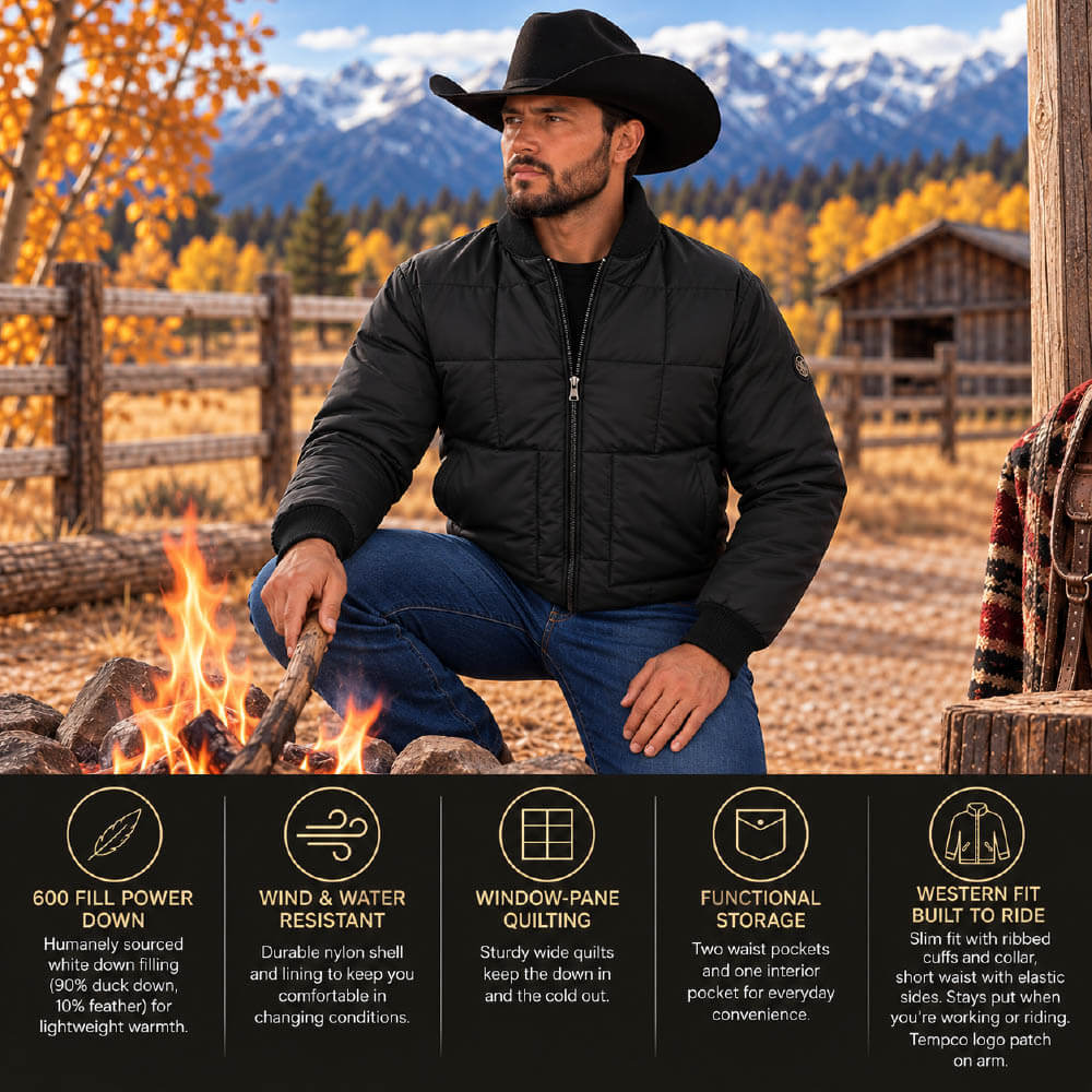 A man wearing a black quilted puffer jacket and cowboy hat sits by a campfire in front of a rustic wooden fence and mountains. The image includes feature callout text along the bottom describing the jacket's fill power, wind and water resistance, window-pane quilting, functional storage, and western fit.