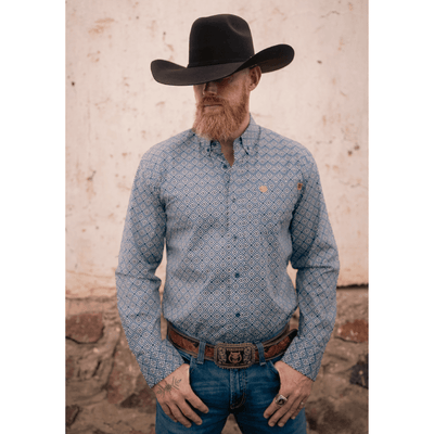Tempco Mens Vikingo Button Down Long Sleeve Shirt Blue Geo