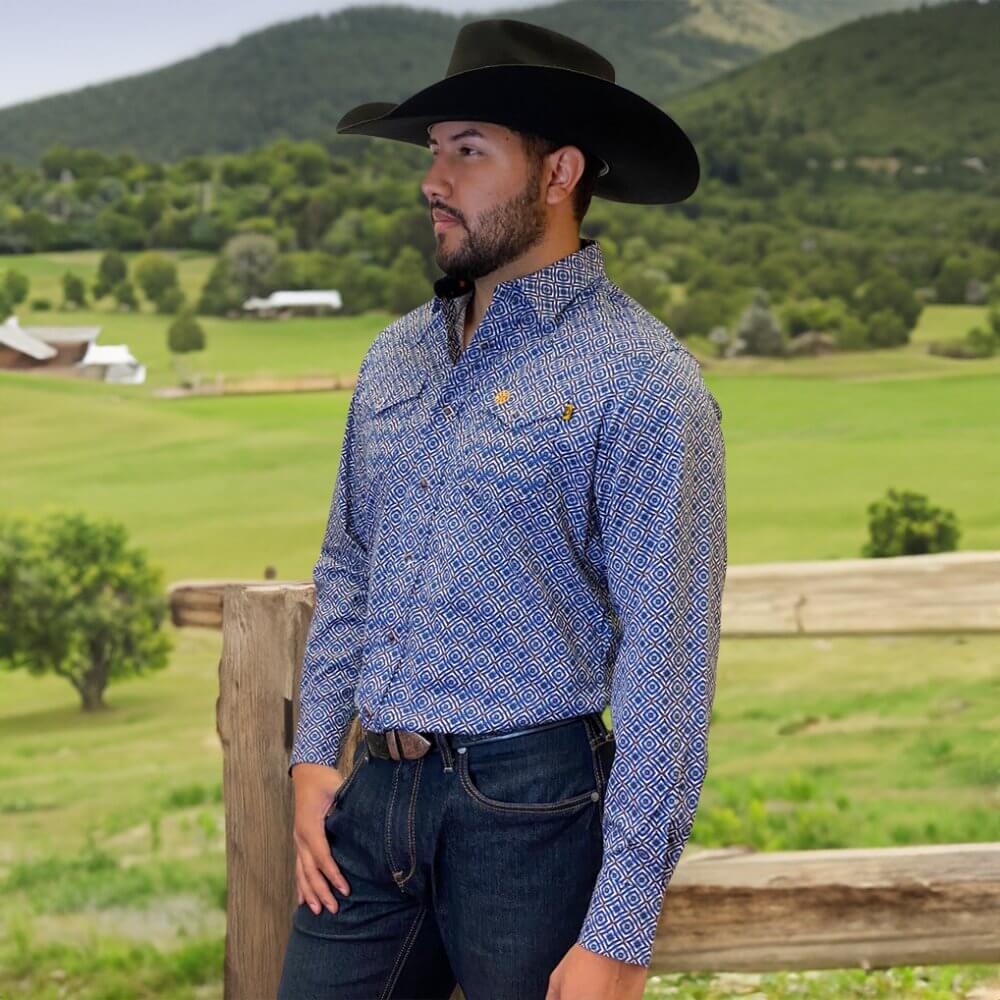 Tempco Mens Vikingo Snap Buttons Long Sleeve Shirt Blue Geo - TMVKSNLS-371