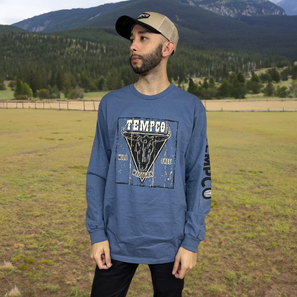 Tempco Mens Western Bull Long Sleeve T-Shirt Blue