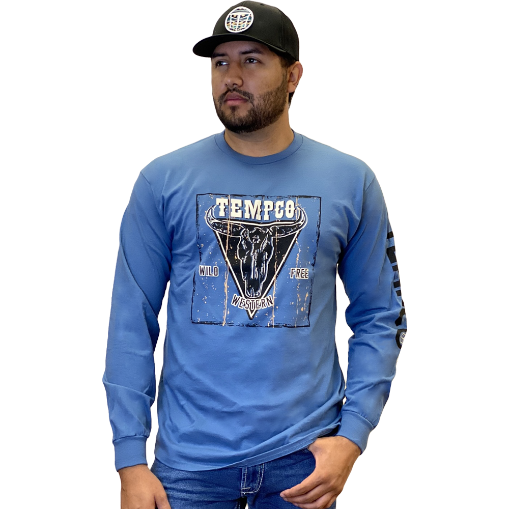 Tempco Mens Western Bull Long Sleeve T-Shirt Blue - WESTERNBULL
