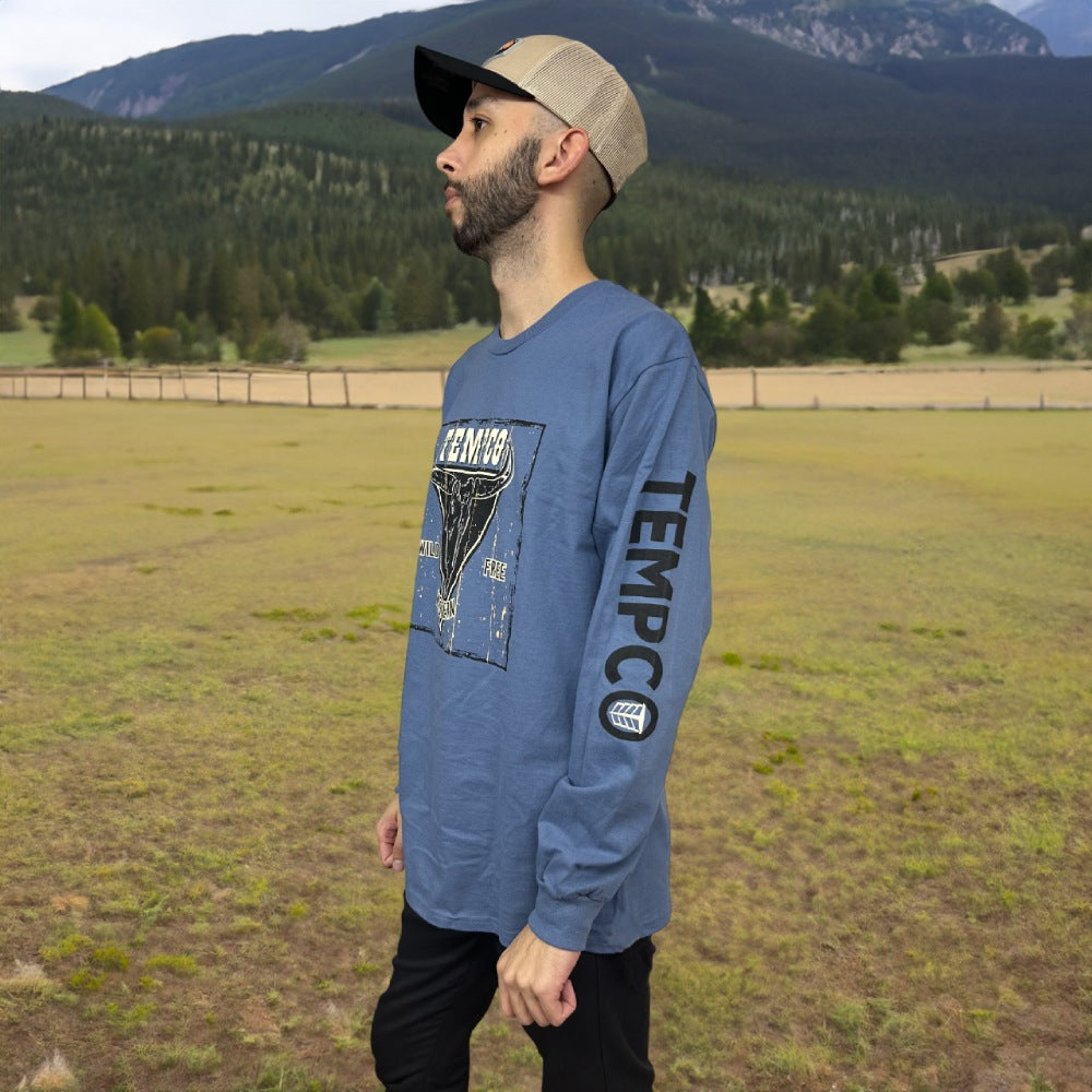 Tempco Mens Western Bull Long Sleeve T-Shirt Blue