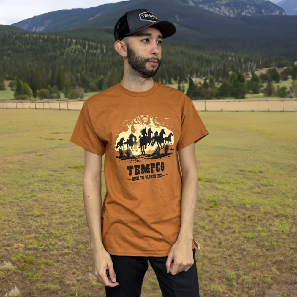 Tempco Mens Wild Horses Short Sleeve T-Shirt Orange