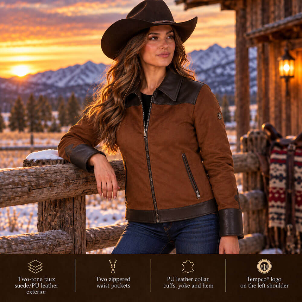 A woman wearing a brown faux-suede and PU leather western-style Tempco jacket with dark brown leather trim, blue jeans, and a black cowboy hat, leaning on a rustic wooden fence in front of a snowy mountain landscape at sunset. A dark brown feature callout banner is overlaid at the bottom with product details.