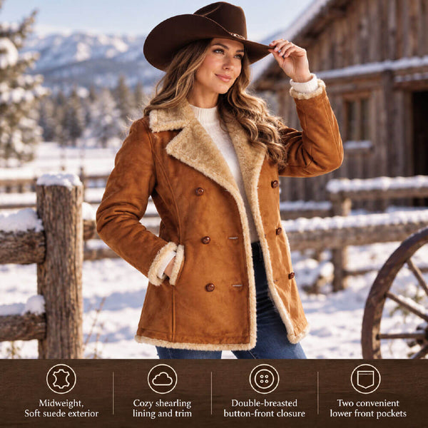 Tempco Womens Savannah Shearling Suede Coat | Brown Color