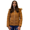 Woman wearing a brown puffer jacket on a white background