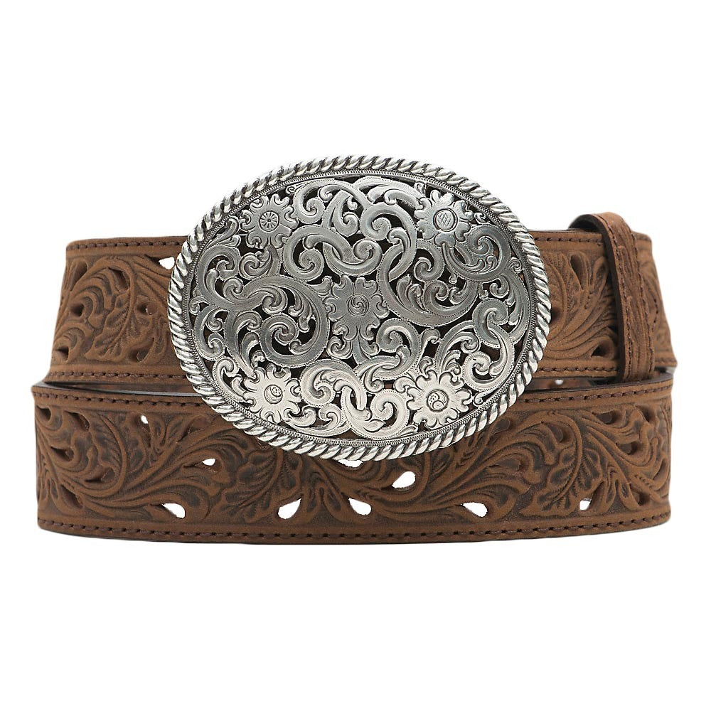 Tony Lama Womens Brown Pierced Filigree Trophy Belt