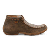 Brown slip-on shoe with decorative pattern on a white background