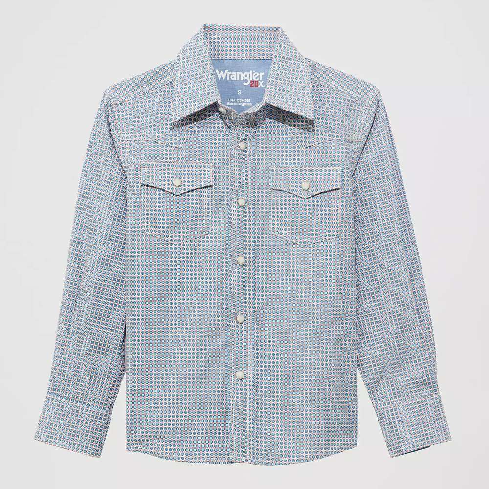 Wrangler Boys 20X Advanced Comfort Western Shirt Blue Stops - 112374368