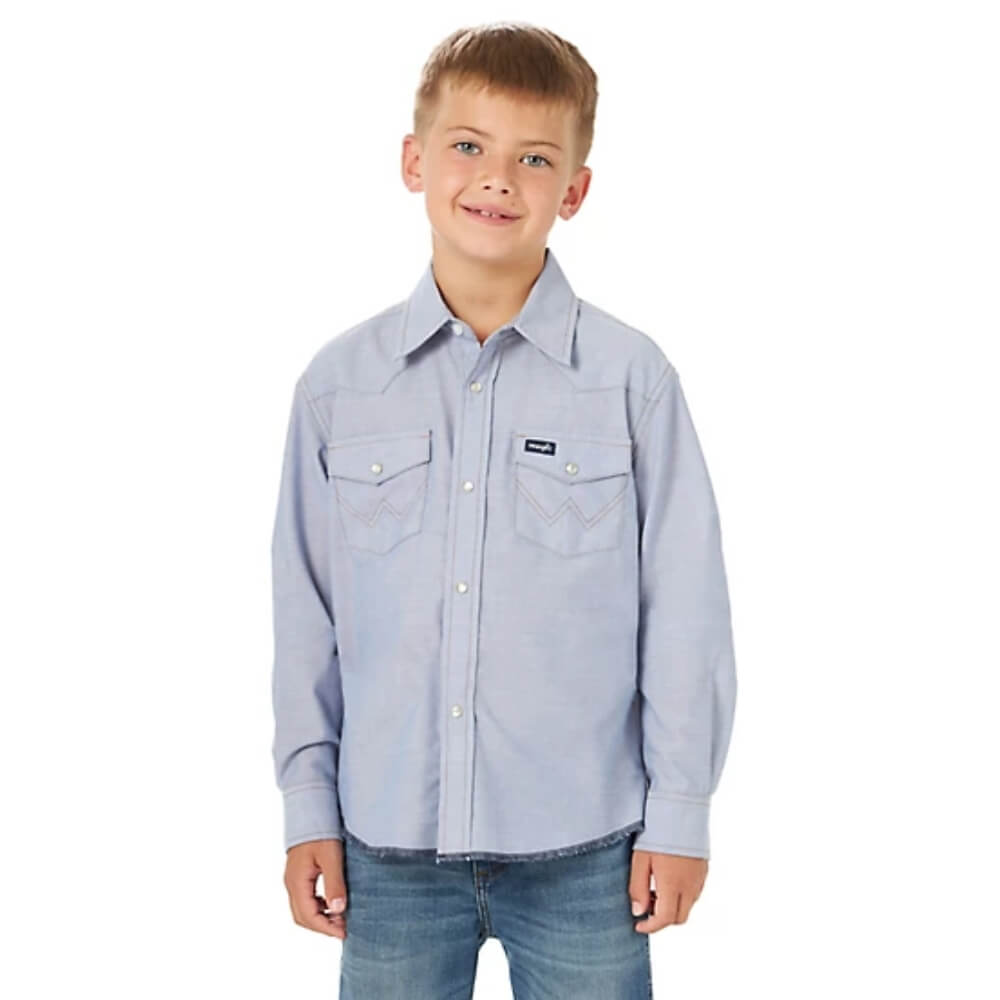 Wrangler Boys Cowboy Cut Western Snap-Front Shirt Blue Chambray - 10BW7013B