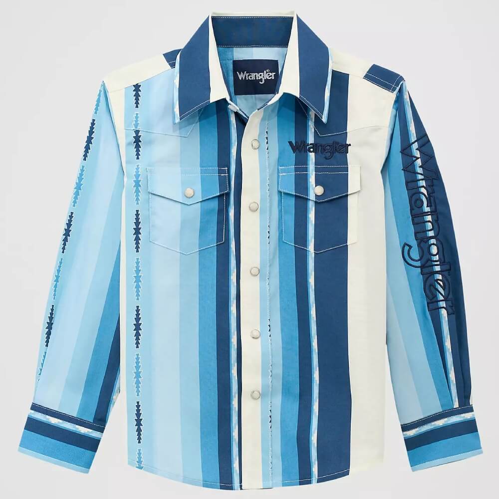 Wrangler Boys Logo Stripes Western Snap Shirt Blue Clouds - 112379217