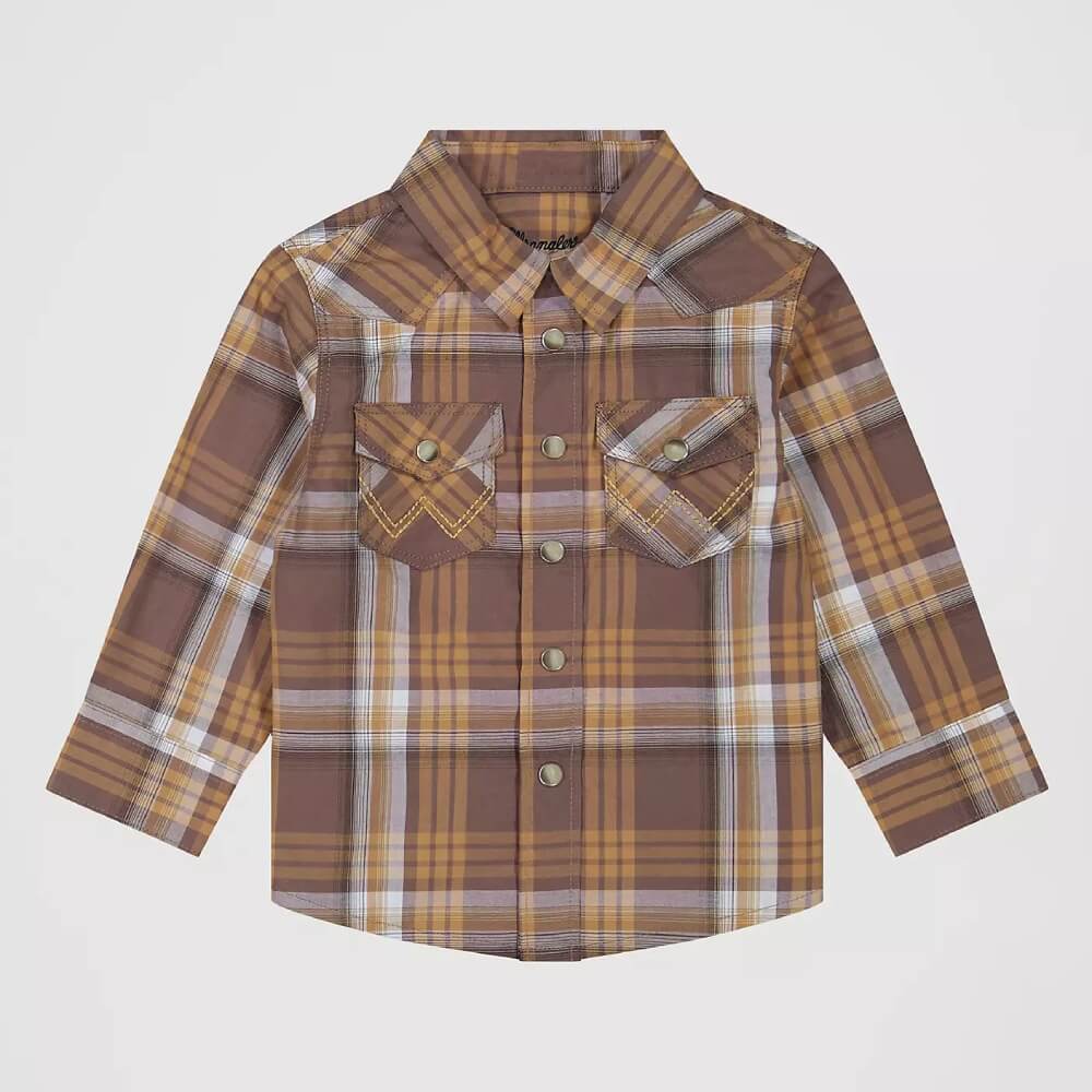 Wrangler Boys Plaid Western Snap Shirt Maple Brown - 112381492