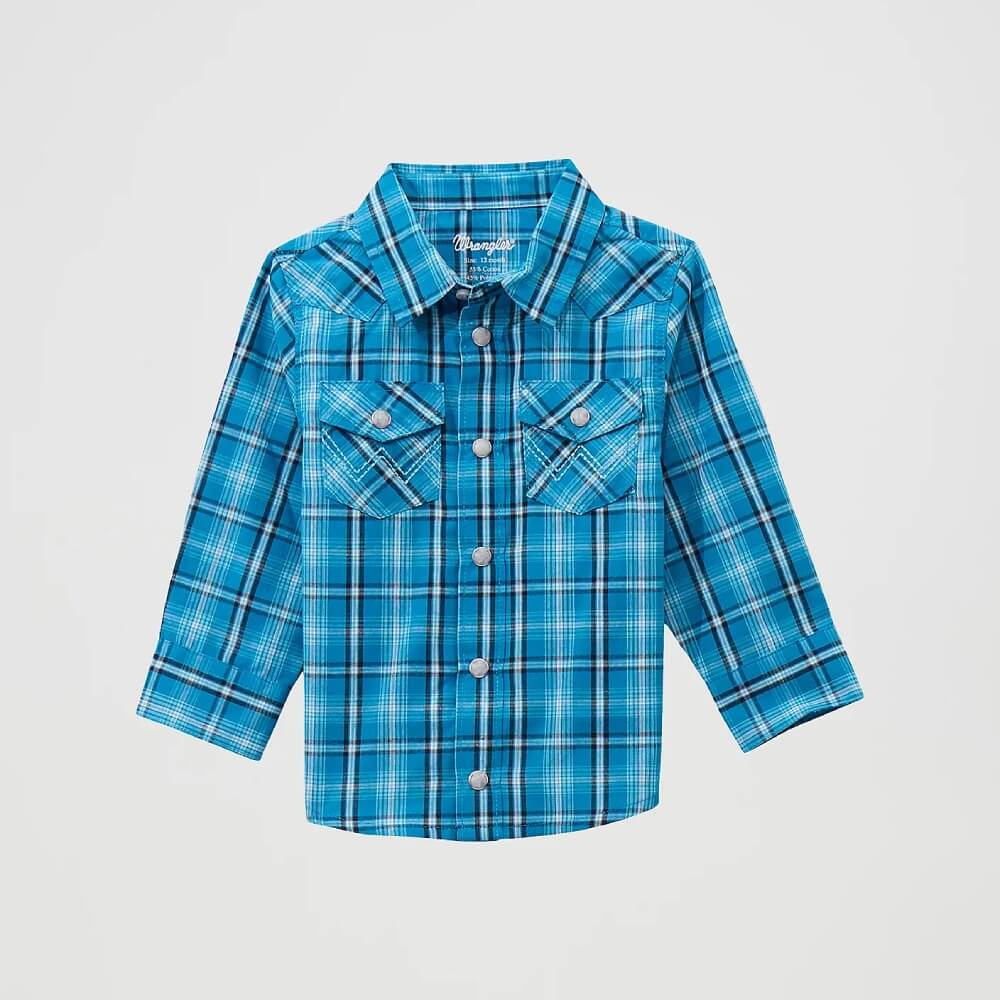 Wrangler Boys Plaid Western Snap Shirt Turquoise - 112369527