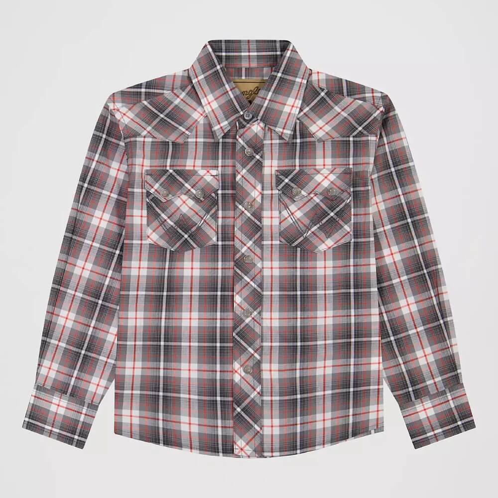 Wrangler Boys Retro Western Snap Plaid Shirt Grey Frost - 112381883