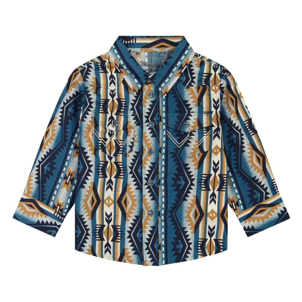 Wrangler Boys Western Long Sleeve Snap Shirt Teal/Brown - 112381491