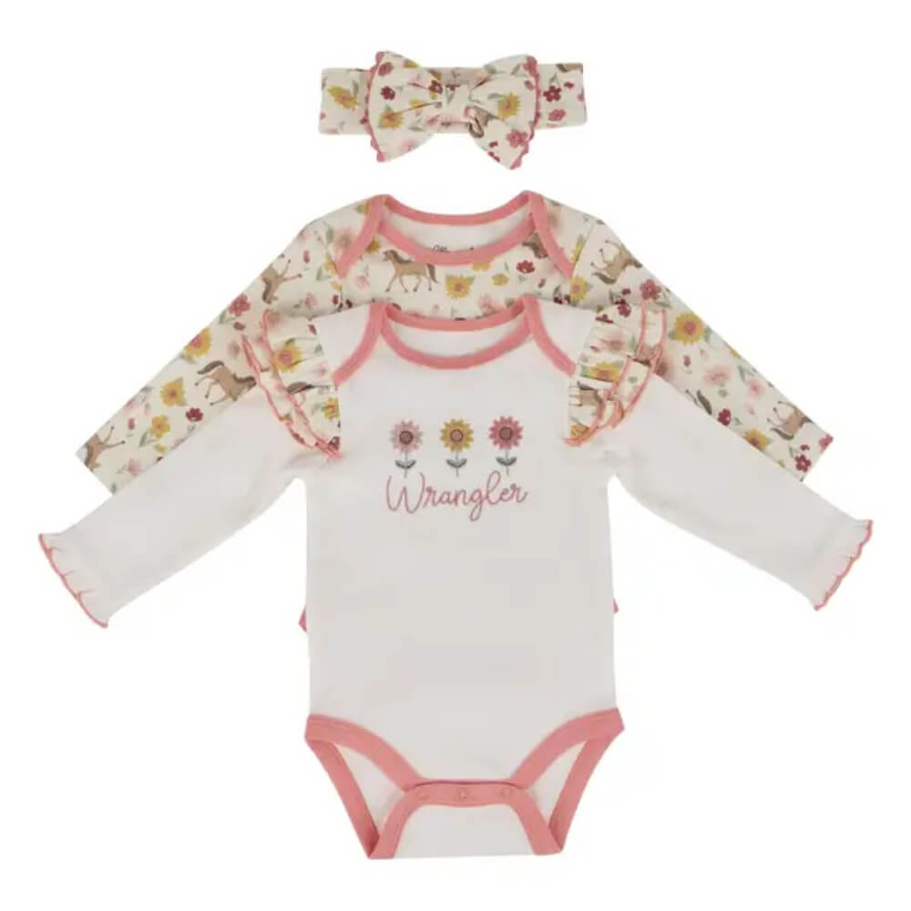 Wrangler Girls 3 Piece Flowers Onesie Set Marshmallow - HW1100038