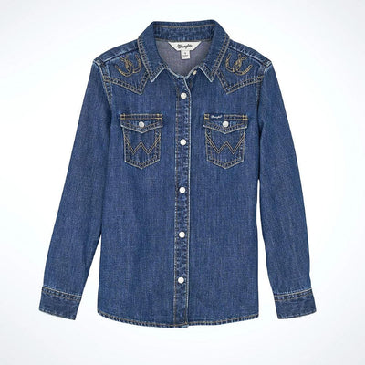 Wrangler Girls Embroidered Western Denim Shirt Dark Denim - 112367474