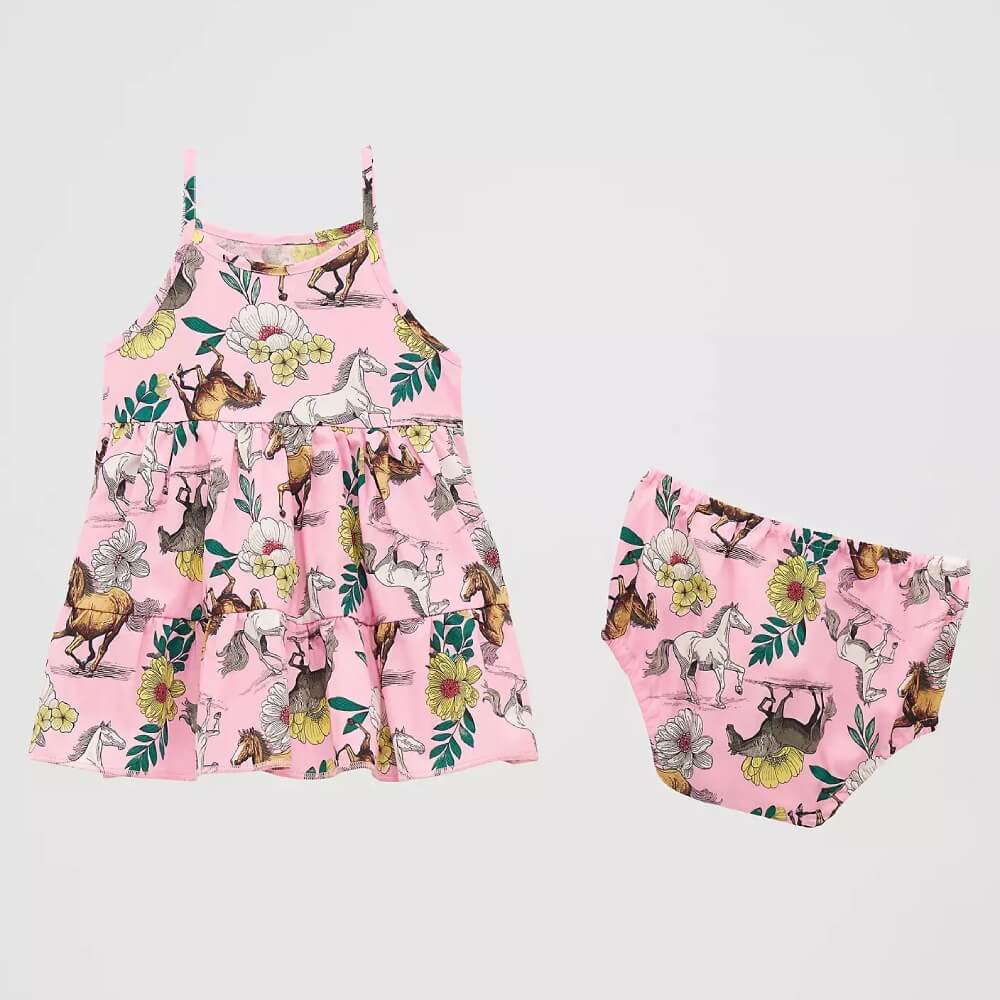 Wrangler Girls Printed Tiered Dress Prancing Pink - 112379472