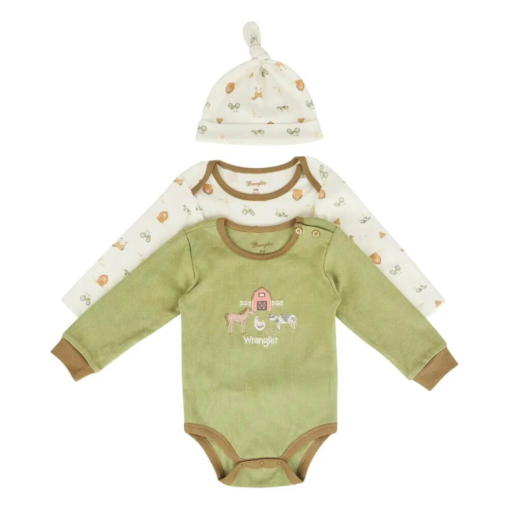 Wrangler Infant Girls 3 Piece Farm Friends Onesie Set Tea/White - HW2100105