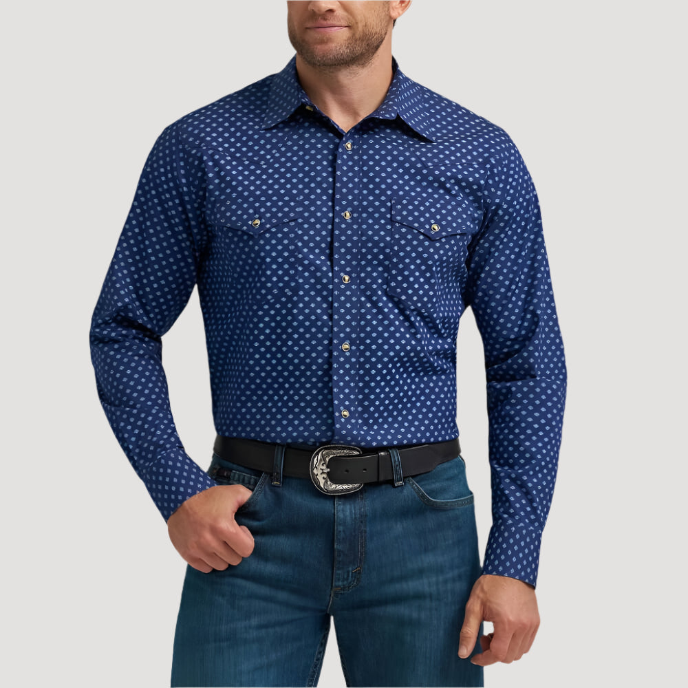Wrangler Mens 20X® Competition Advanced Western Shirt Dark Blue Ditsy - 112367864