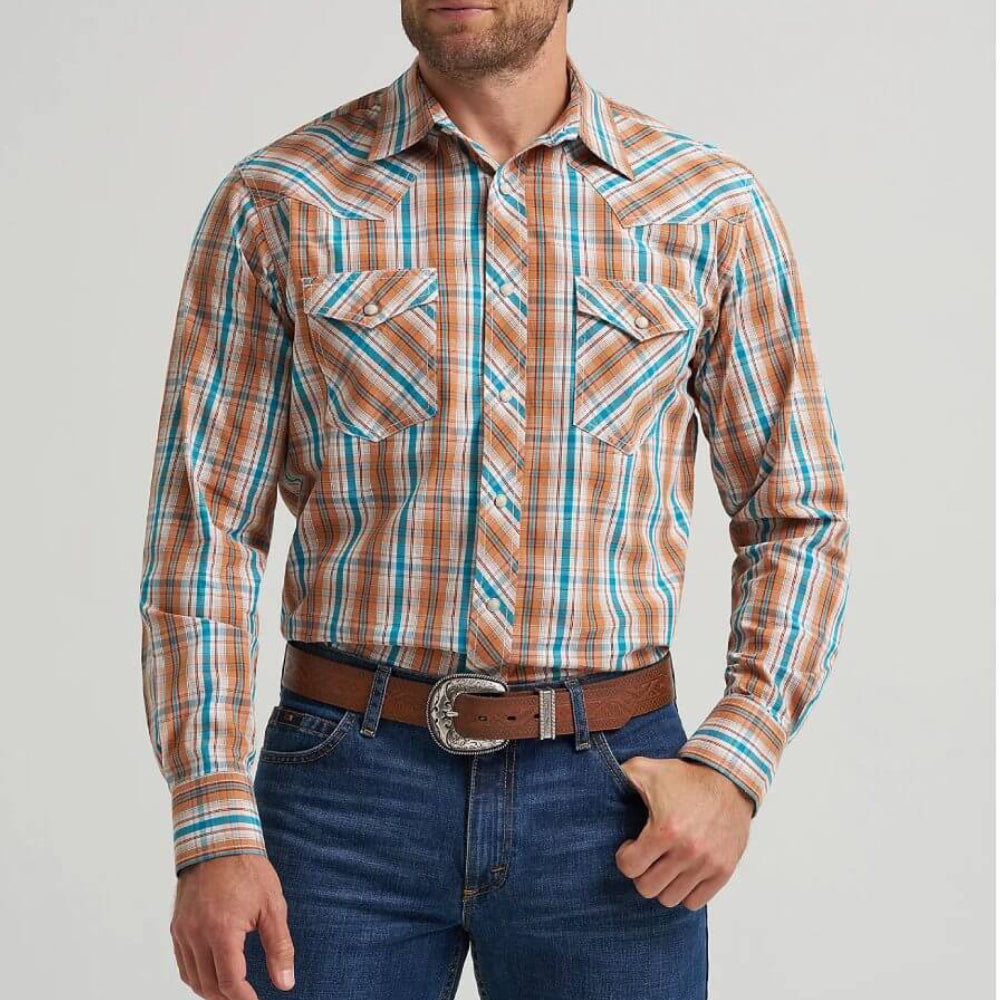 Wrangler Mens 20X® Competition Western Shirt Rustic Brown Madras - 112367926