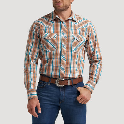 Wrangler Mens 20X® Competition Western Shirt Rustic Brown Madras - 112367926