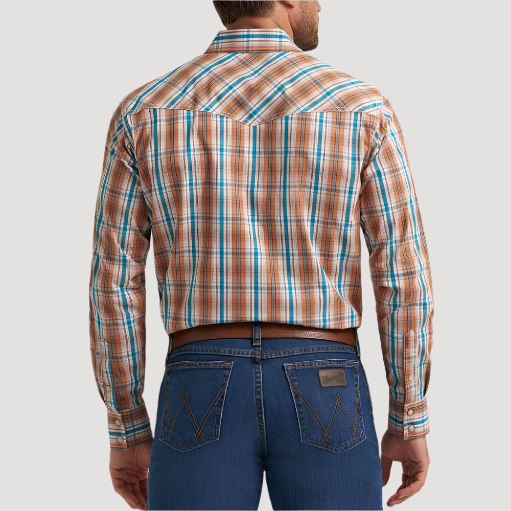 Wrangler Mens 20X® Competition Western Shirt Rustic Brown Madras - 112367926