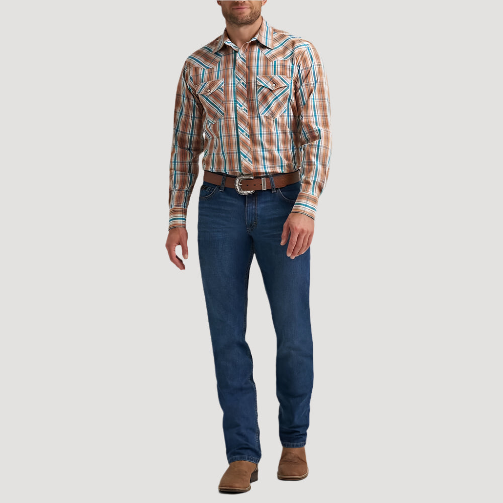 Wrangler Mens 20X® Competition Western Shirt Rustic Brown Madras - 112367926